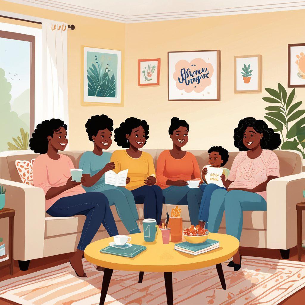 A cozy living room scene with a group of diverse moms gathered around a stylish TV, laughing and enjoying family-friendly shows. Soft pillows and a coffee table filled with snacks create a warm atmosphere, while cartoonish thought bubbles above their heads illustrate parenting tips and fun moments from their favorite TV programs. Bright, inviting colors emphasize the joy of motherhood and bonding. lively illustration. warm tones. family-friendly.