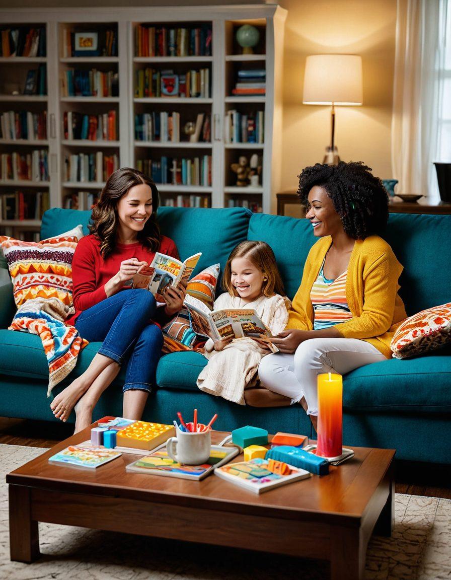 A serene living room scene featuring a mom and her children joyfully engaging with a variety of entertainment options - a family movie night, board games on the table, and a colorful selection of books in the background. Soft lighting creates a warm and inviting atmosphere, filled with laughter and happiness. Illustrate a cozy sofa adorned with blankets, evoking family bonding moments. 3D illustration. vibrant colors.
